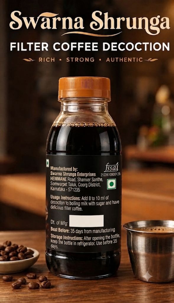 Swarna Shrunga Filter Coffee Decoction bottle, back label with ingredients